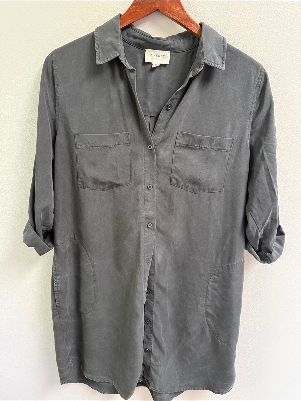 Everly Tencel Slate Gray Relaxed Button-Front Shirt Dress